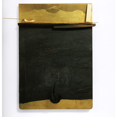 Rebis, 2002, olio su legno e bronzo, oro in foglia, 100x90x15 cm